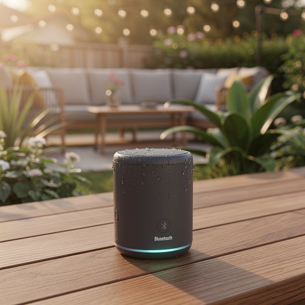 Waterproof outdoor smart speaker on patio deck