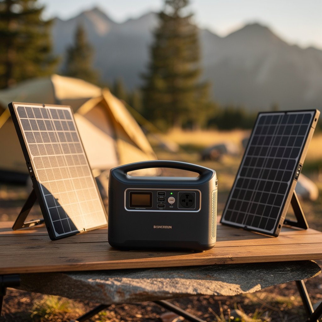 Portable solar power station with solar panels for outdoor use