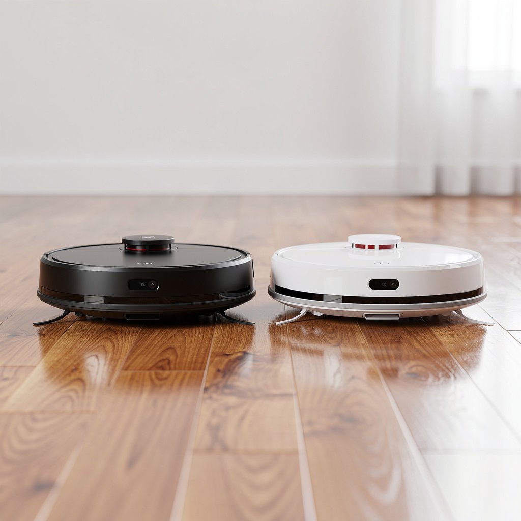 Two robot vacuums side by side for comparison on hardwood floor