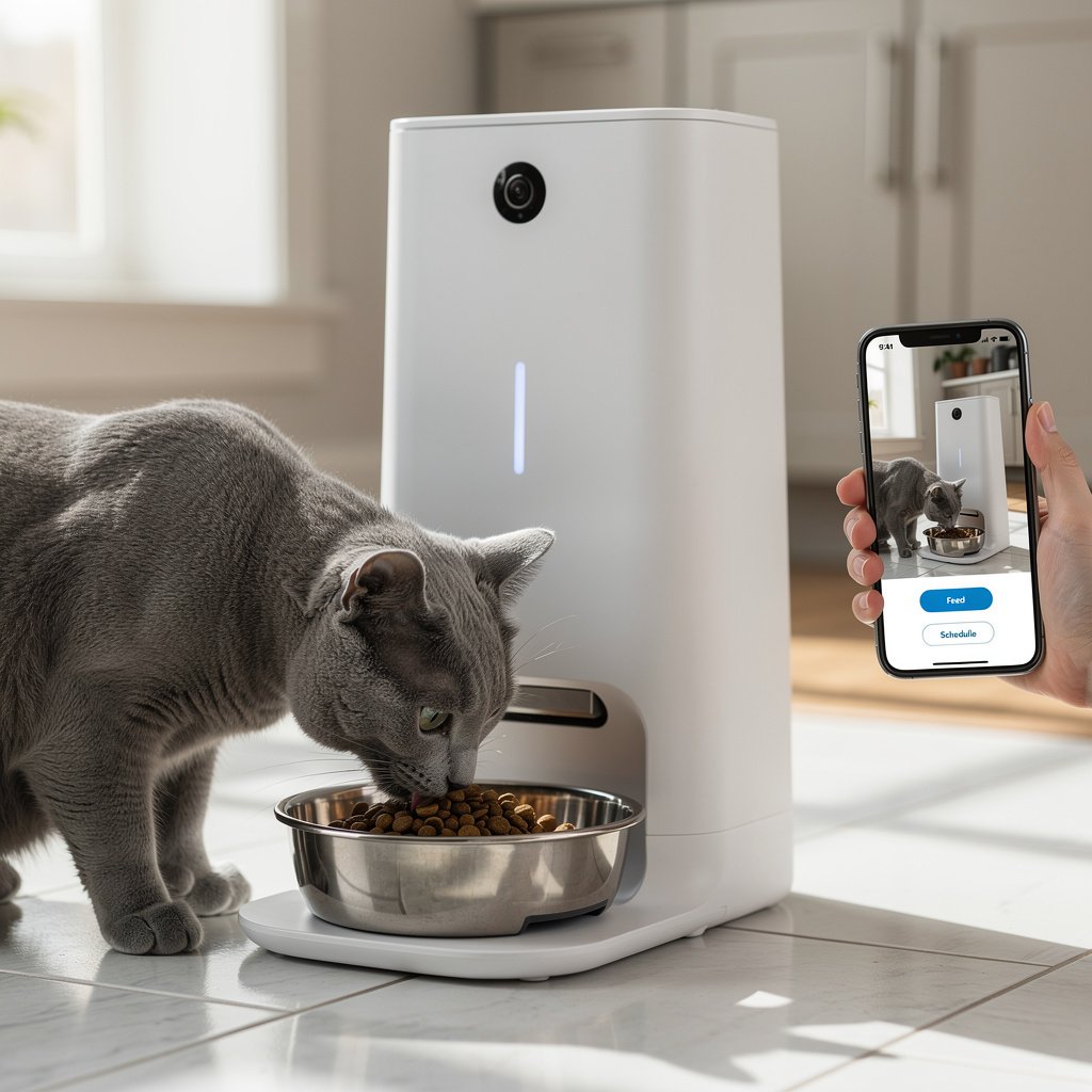 Automatic smart pet feeder with built-in camera and smartphone app control