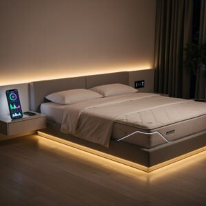 Smart bedroom with sleep tracking technology and ambient lighting